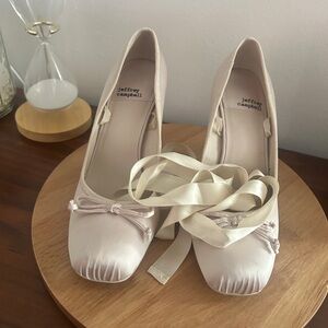 Jeffrey Campbell Nympha Ballerina Wrap Heels Ivory Satin Heels